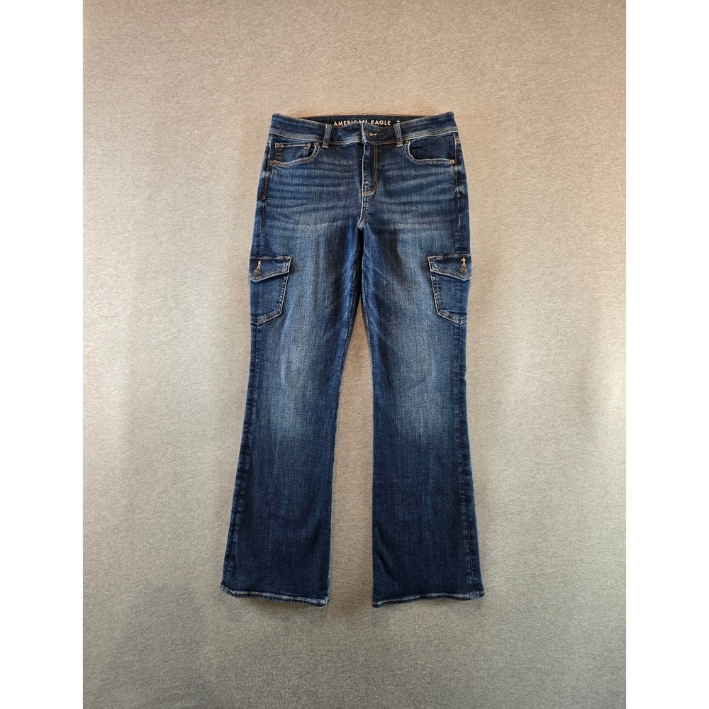 American Eagle Jeans Womens 10 Blue Dark Wash Kick Boot Cargo Stretch Bootcut
